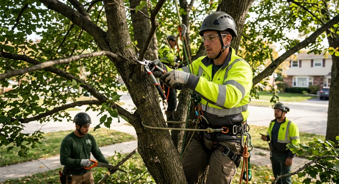 Arborist roped into a canopy performing selective crown thinning