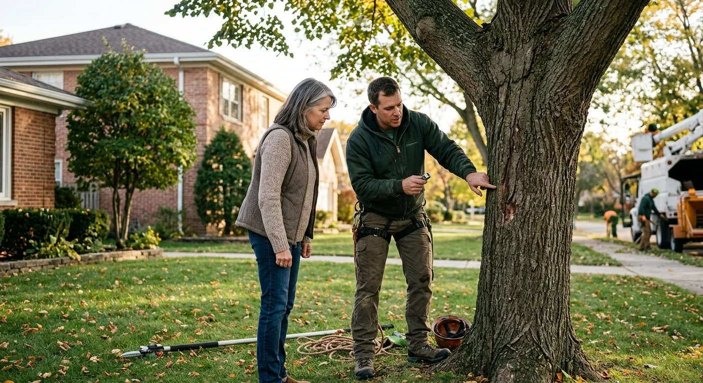 Tree crew reviewing safety gear and rigging before a climb in a Skokie yard