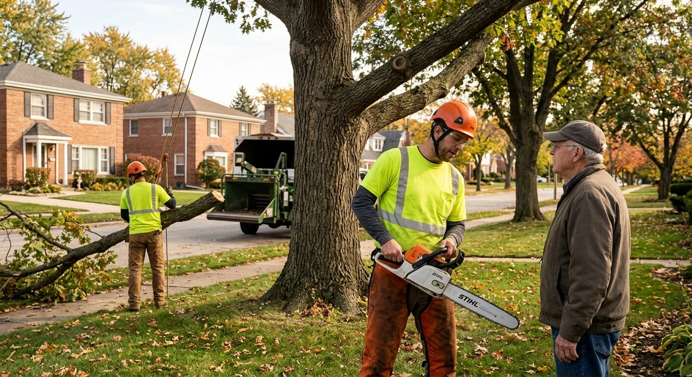 Certified crew reviewing a mature oak during a tree assessment in a Skokie yard