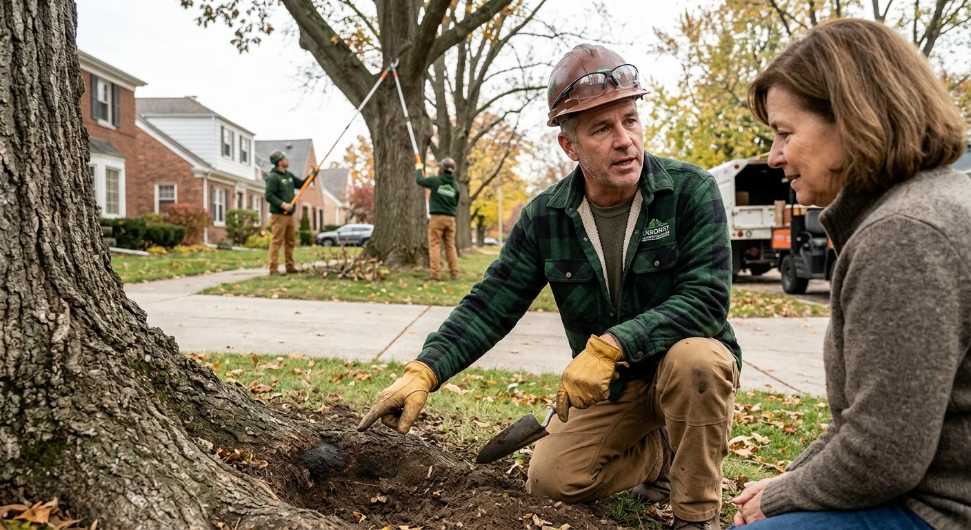 Crew member evaluating a large residential tree before trimming work in Skokie