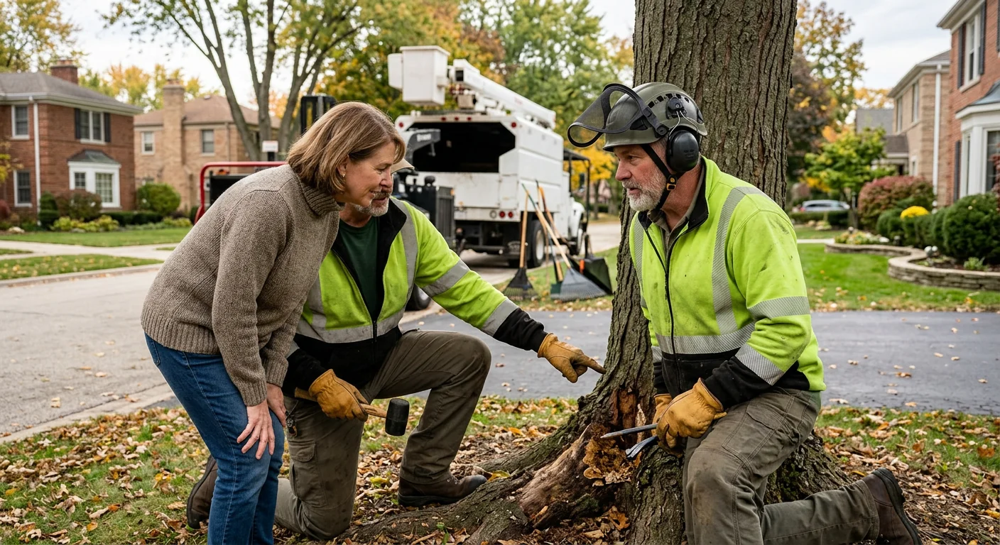 Arborist making a clean pruning cut on a mature backyard tree in Skokie