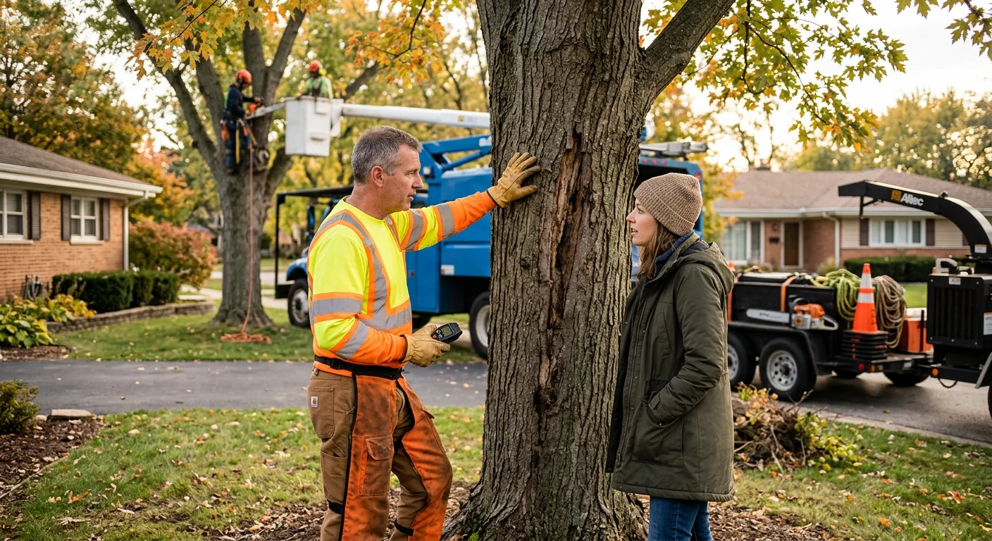 Arborist inspecting an overgrown maple canopy with crossing limbs in a Skokie yard
