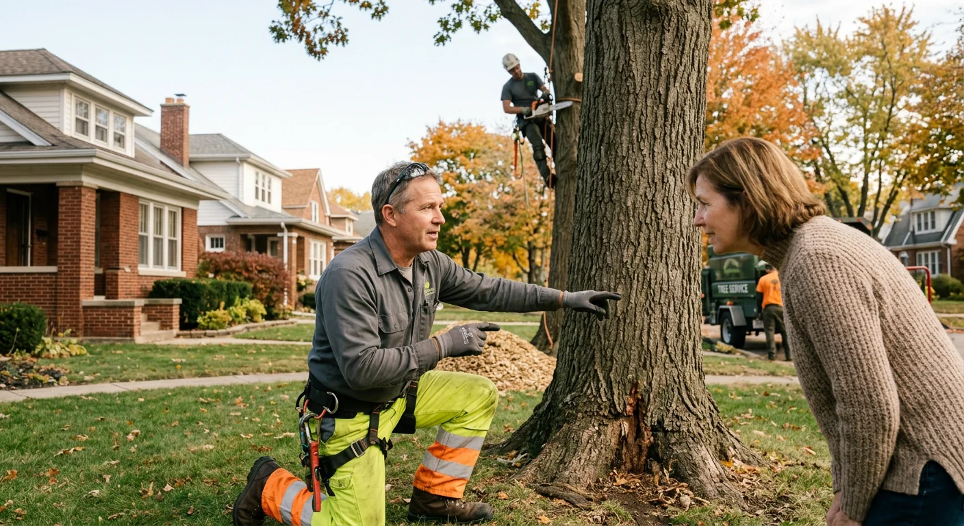 Certified climber making a precise reduction cut on a hardwood branch during Skokie tree trimming